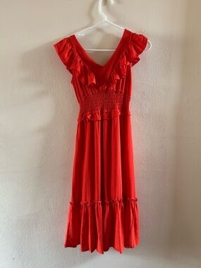 NWT Charlotte Russe coral, reddish-orange Ruffle V-Neck Maxi Dress size M